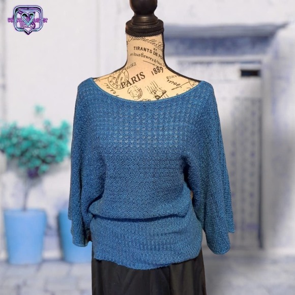 TWO One Two New York Blue Knit Dolman Sleeve Oversized Sweater Medium - Picture 5 of 8